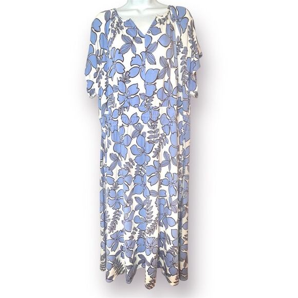 Nicole Miller New York Tropical Floral Midi Dress Pockets Blue White Plus 1X NWT - Picture 1 of 10